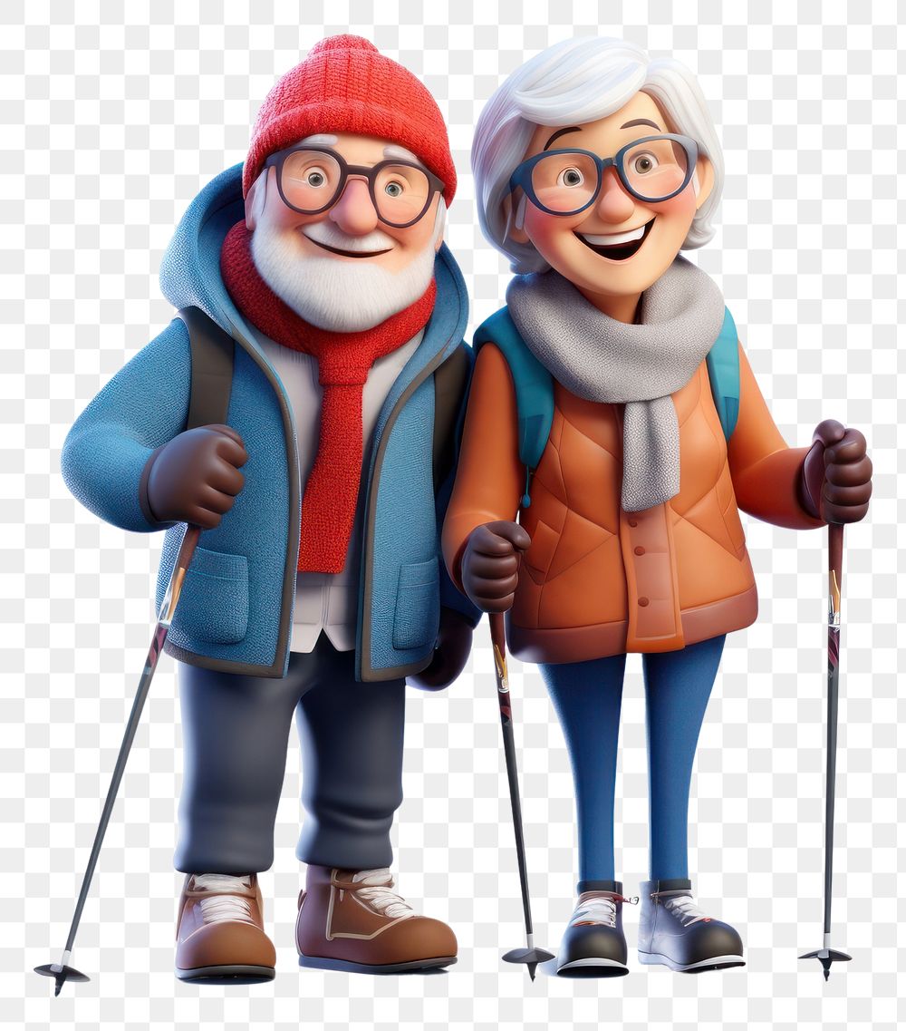 PNG Senior couple smiling cartoon winter. 