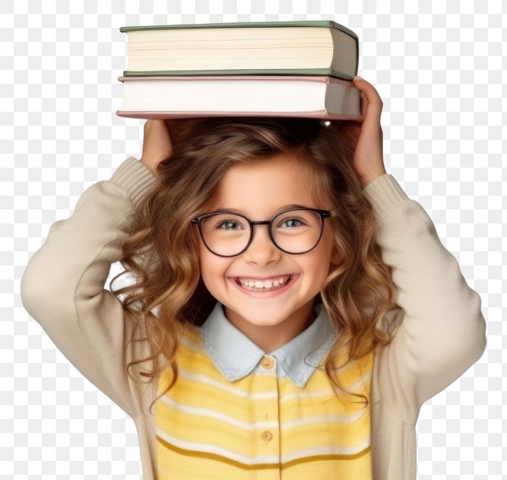 PNG Child school girl portrait glasses book. 