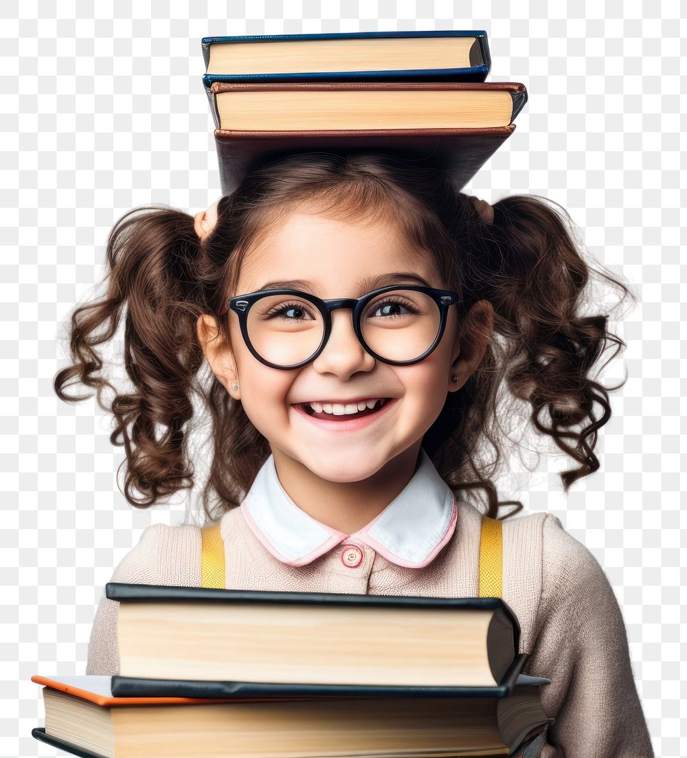 PNG Child school portrait glasses book. 