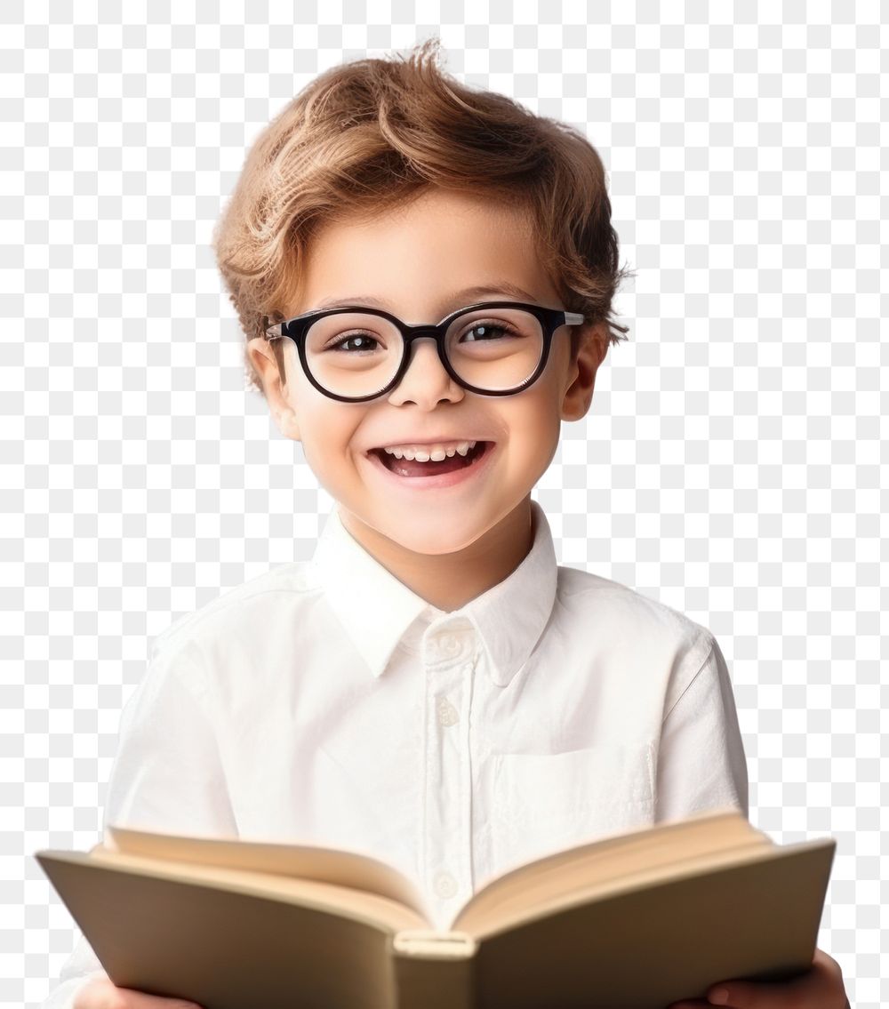 PNG Kid boy wear glasses reading a book publication portrait smile. 