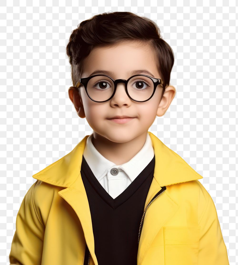 PNG Kid study boy Wear glasses portrait yellow photo. AI generated Image by rawpixel.