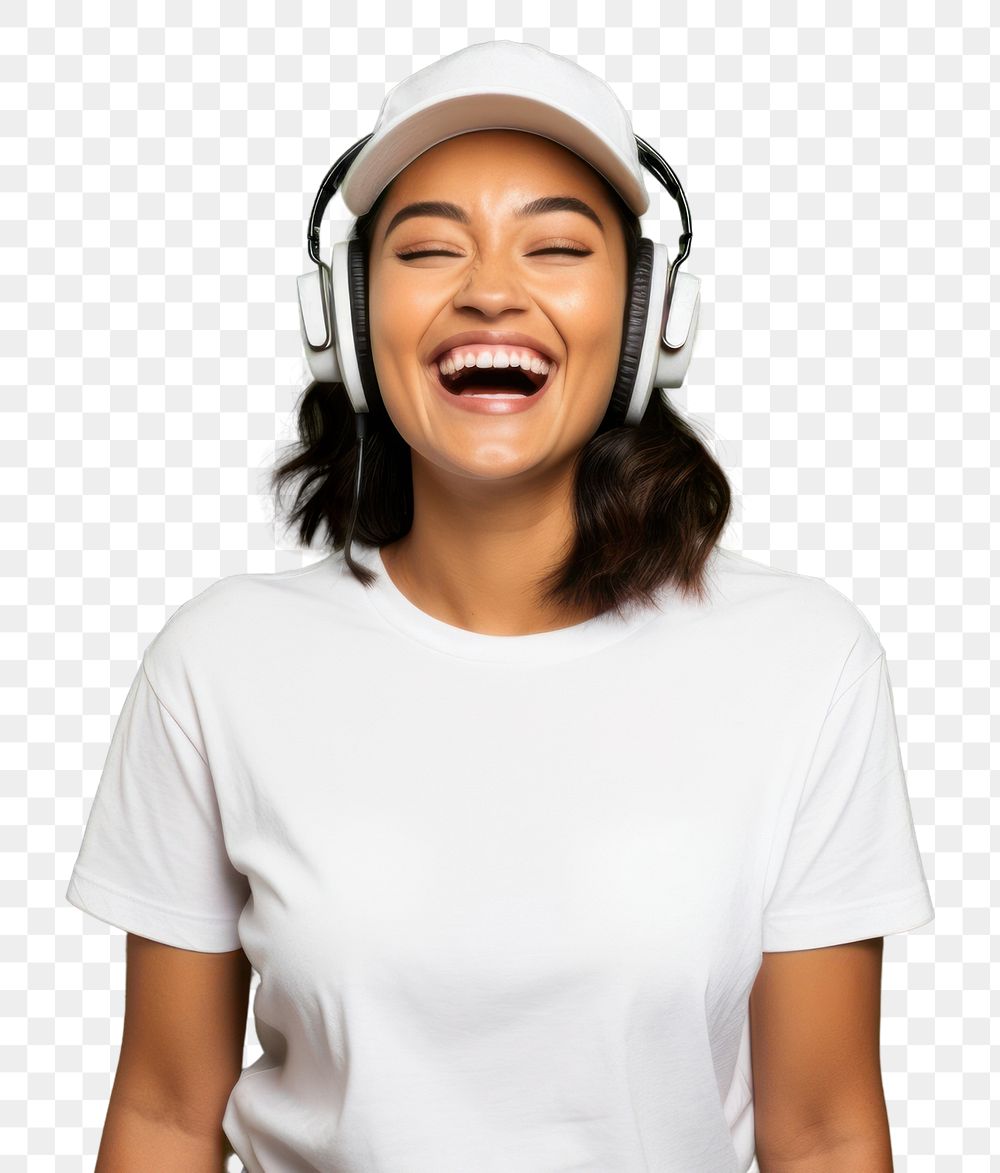PNG Headphones laughing headset t-shirt. AI generated Image by rawpixel.