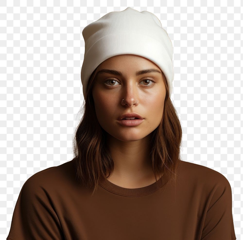 PNG Portrait beanie adult brown. AI generated Image by rawpixel.