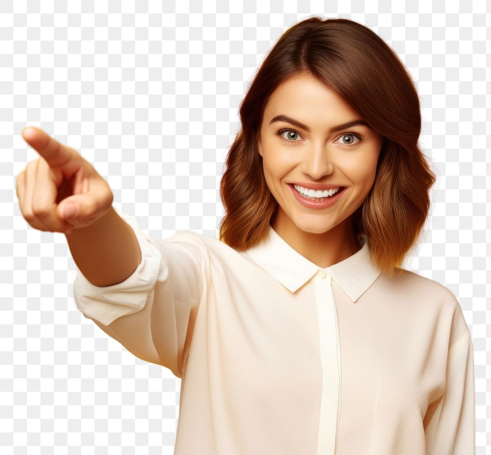 PNG Pointing portrait smiling finger. AI generated Image by rawpixel.