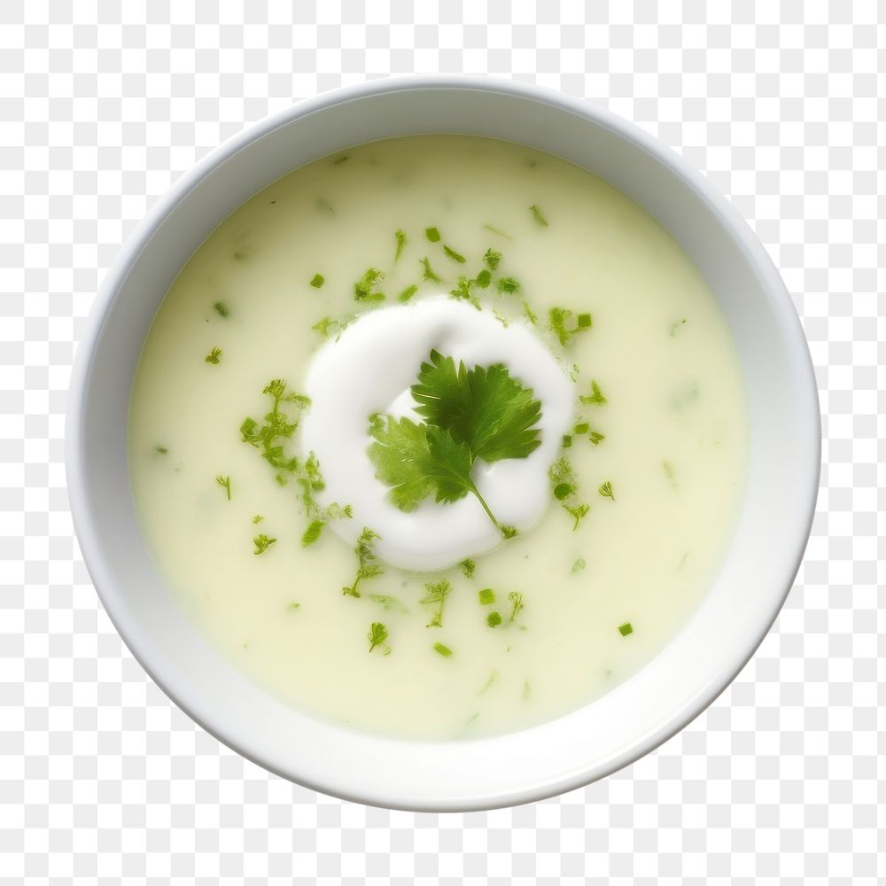 PNG Vichyssoise spoon plate herbs. 