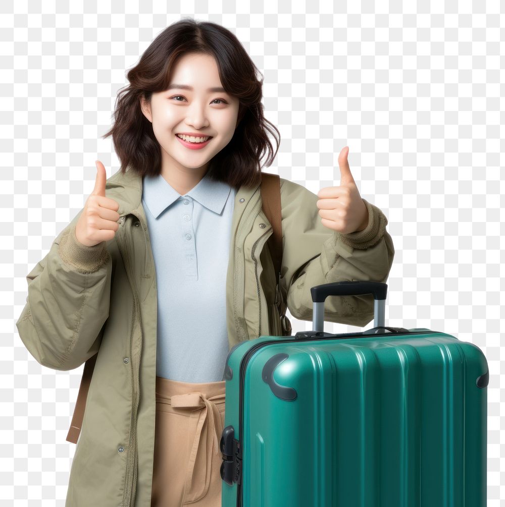PNG Young Asian tourist woman luggage holding smile. AI generated Image by rawpixel.