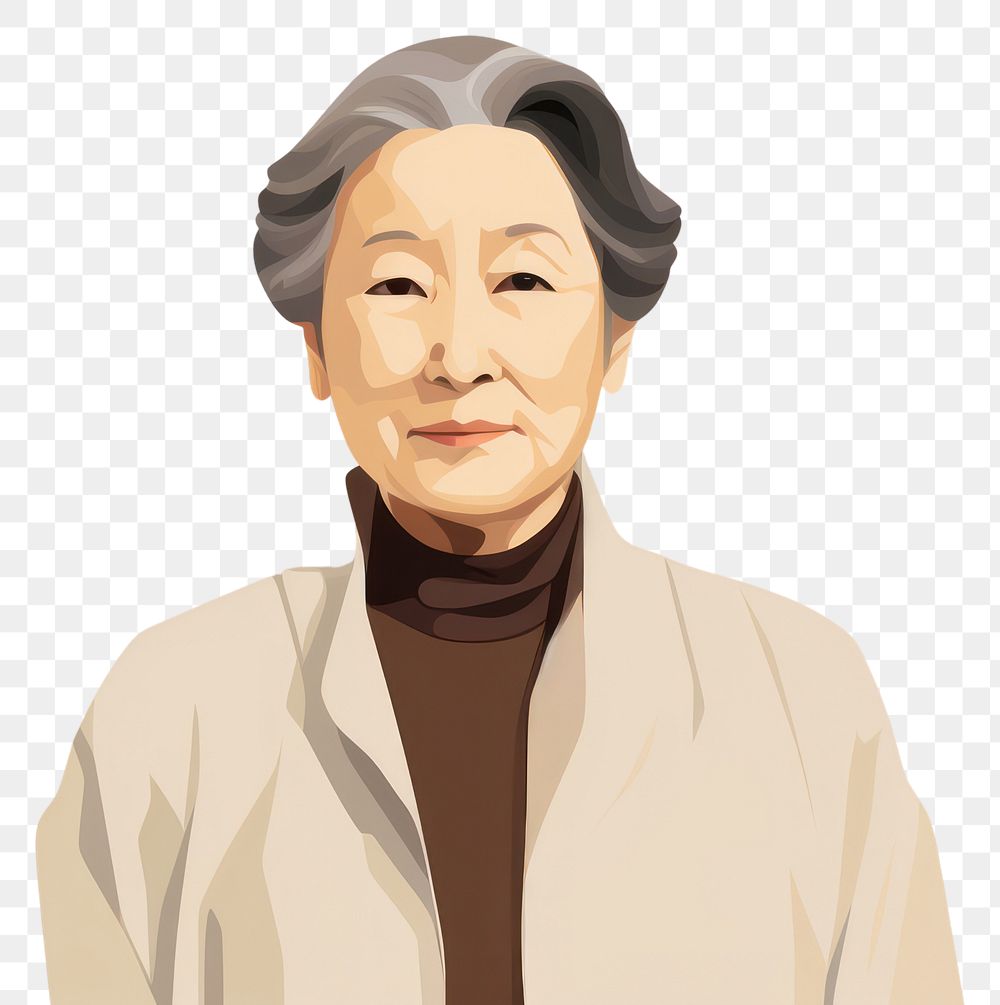 PNG Asian woman face illustrated retirement. 