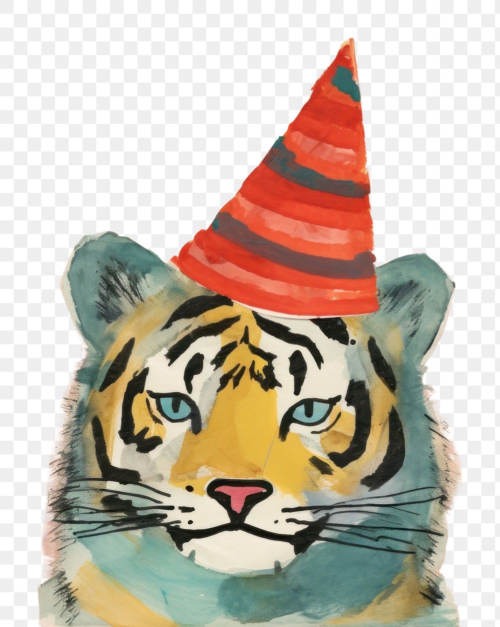 PNG Tiger wearing party hat painting animal representation. 