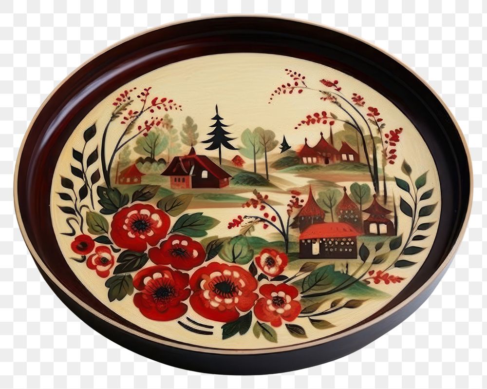 PNG Folk art porcelain plate tray. AI generated Image by rawpixel.