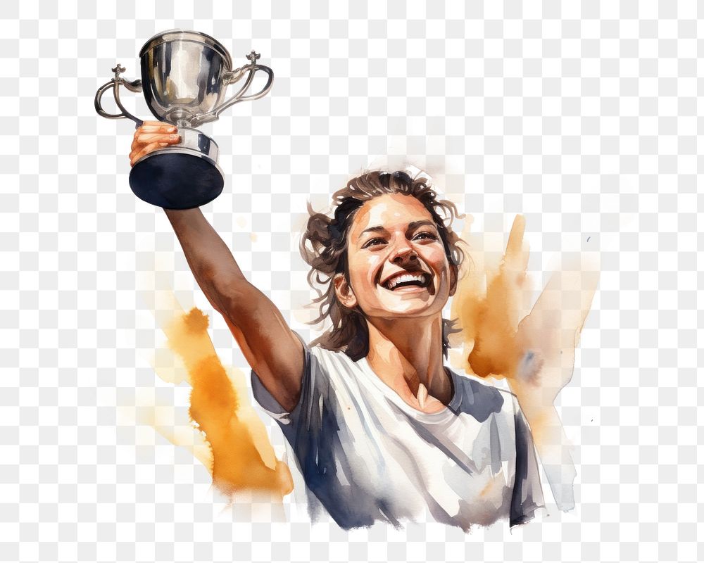PNG Woman winning trophy watercolor portrait achievement photography. AI generated Image by rawpixel.