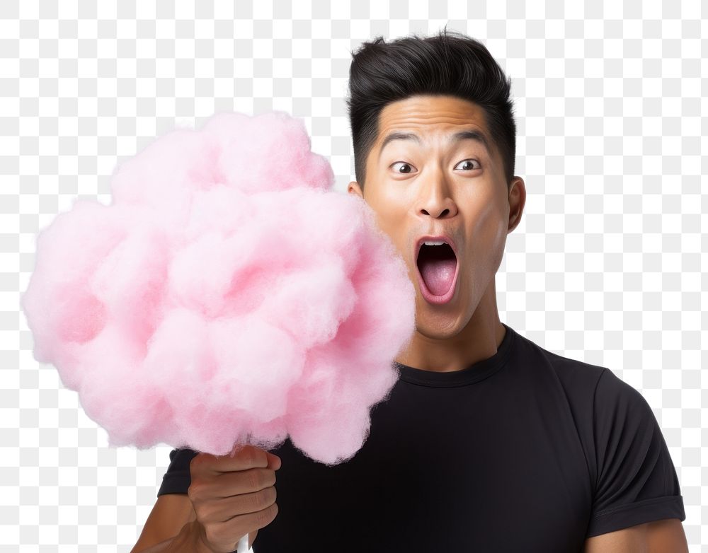 PNG Asian man eating cottoncandy happiness surprised vitality. 