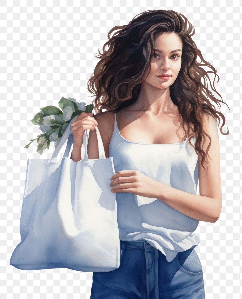 PNG Girl holding tote bag watercolor handbag adult consumerism. AI generated Image by rawpixel.