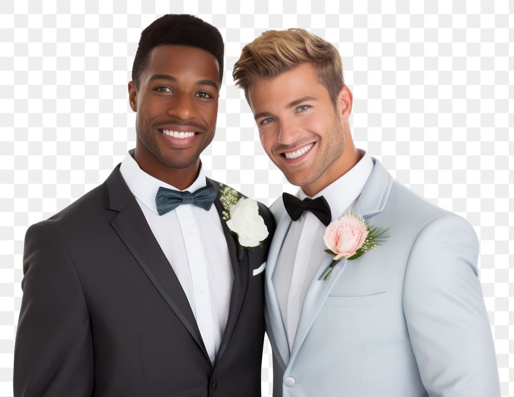 PNG Gay couple wedding portrait tuxedo. 