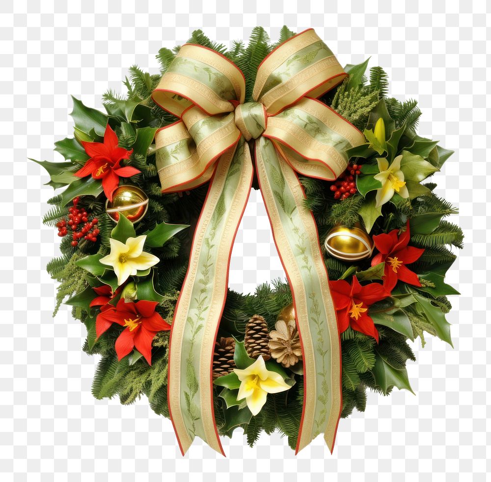 PNG Christmas wreath flower ribbon yellow. AI generated Image by rawpixel.