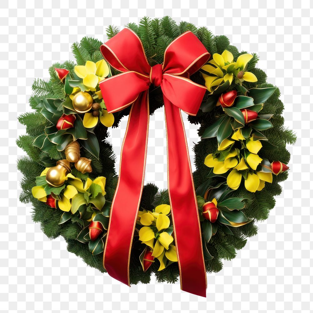 PNG Christmas wreath ribbon yellow red. AI generated Image by rawpixel.