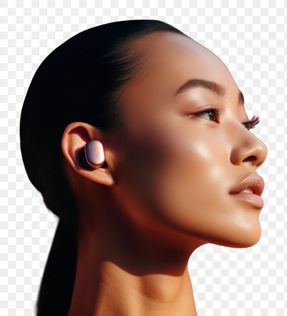 PNG Minimal wireless earbuds skin portrait adult. AI generated Image by rawpixel.