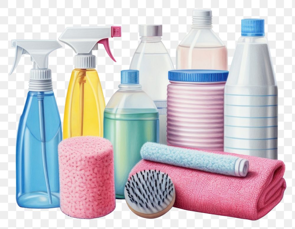 PNG Bathroom cleaning supplies plastic bottle white background. AI generated Image by rawpixel.