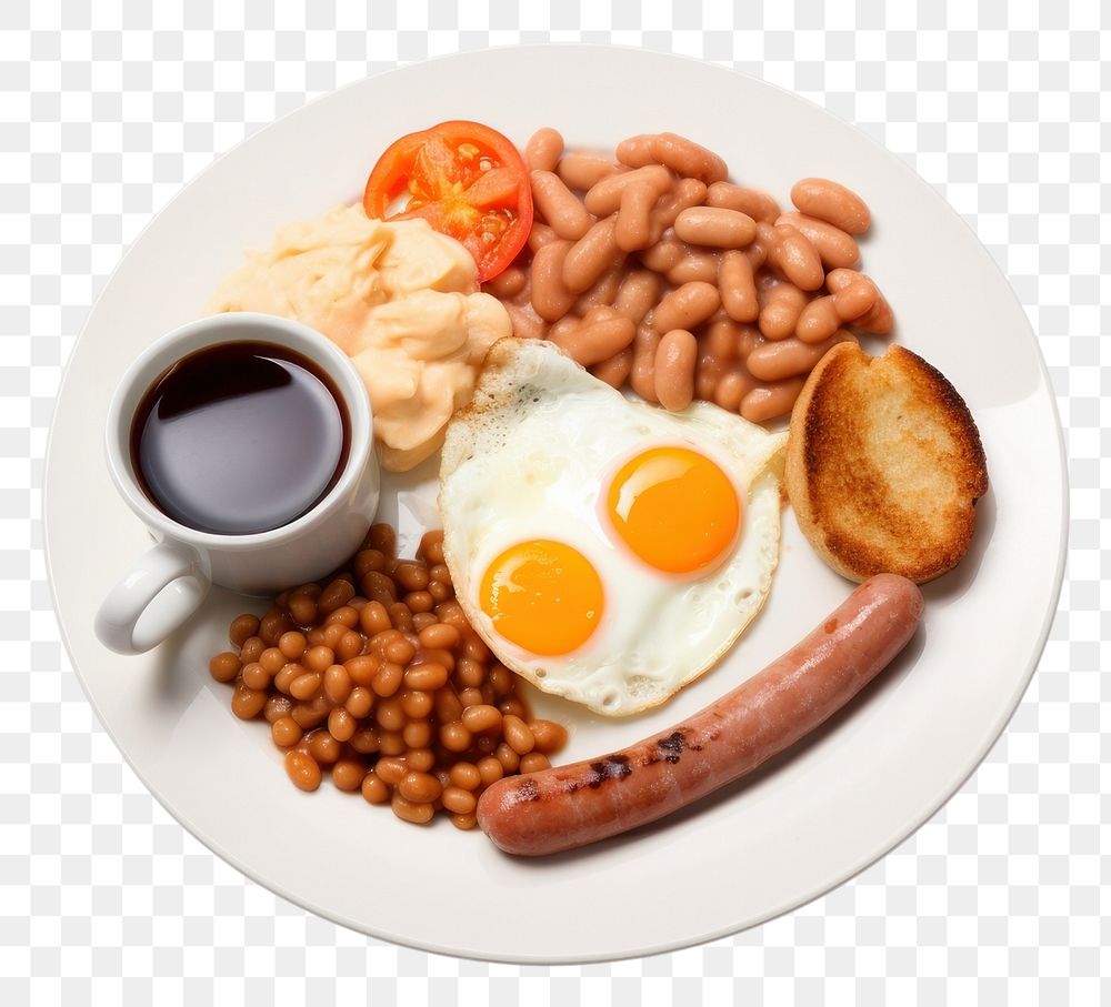 PNG British breakfast plate coffee food. 