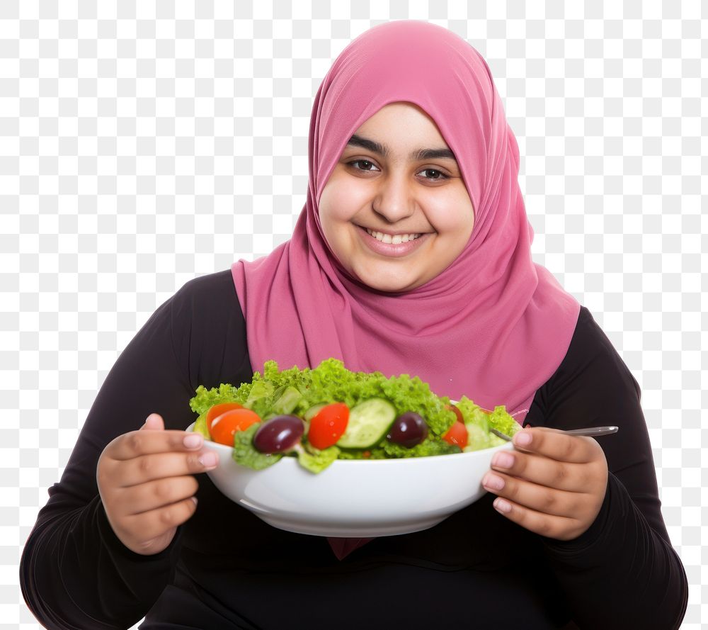 PNG Healthy eating portrait holding salad. 