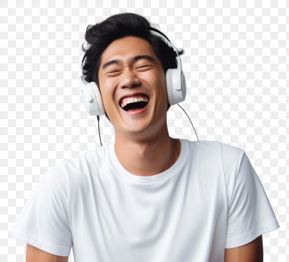 PNG Happy asian man headphones listening shouting. 