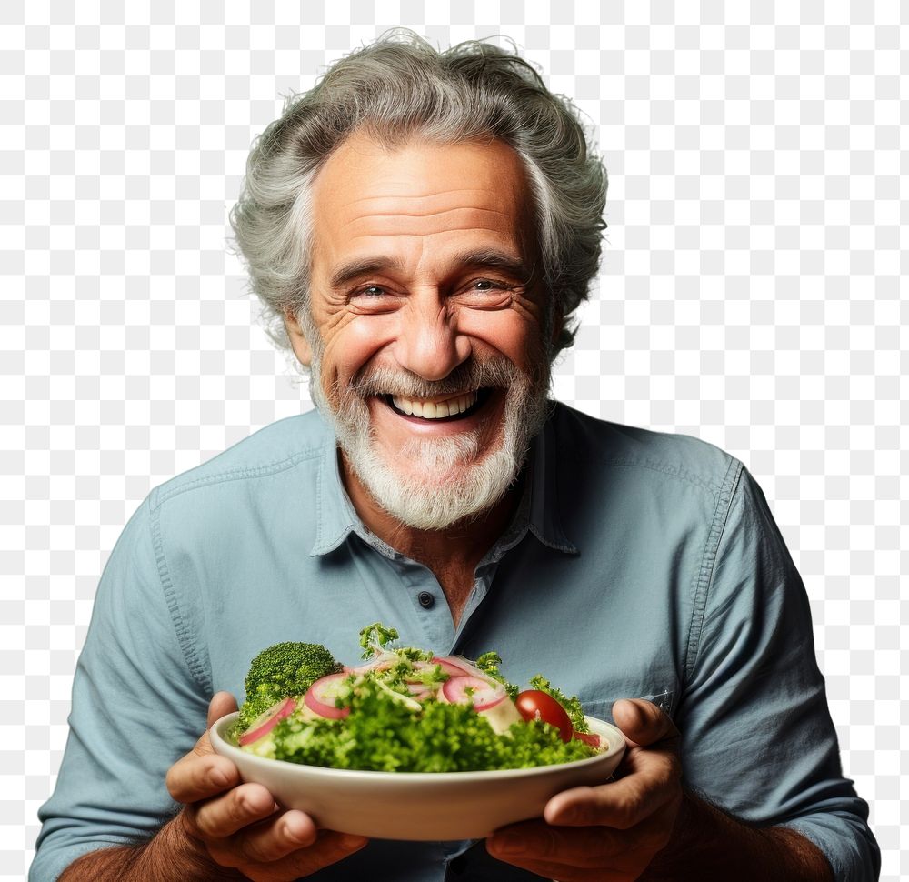 PNG Senior man feel happy enjoy food laughing portrait. 