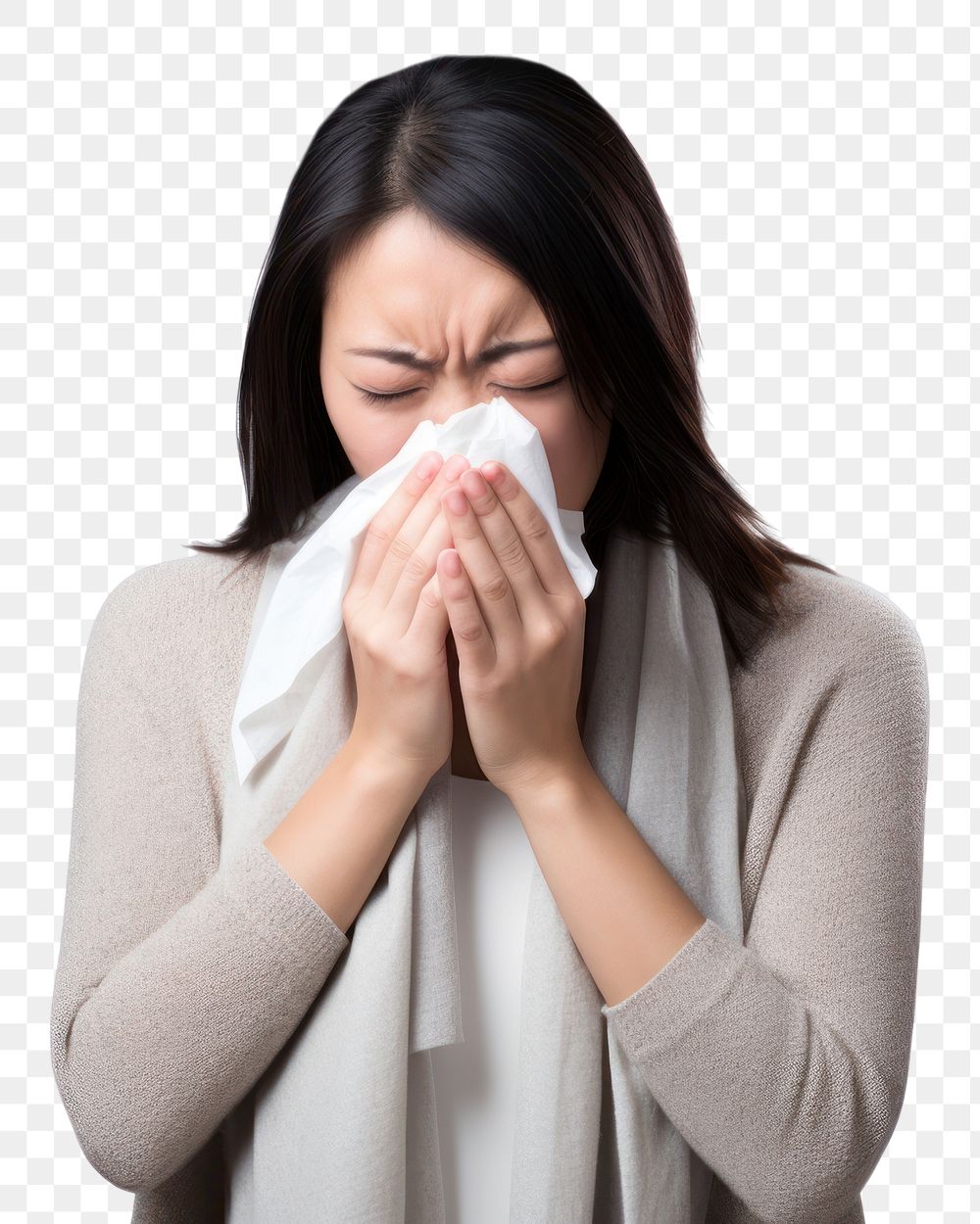 PNG Sneezing asian woman adult white white background. AI generated Image by rawpixel.