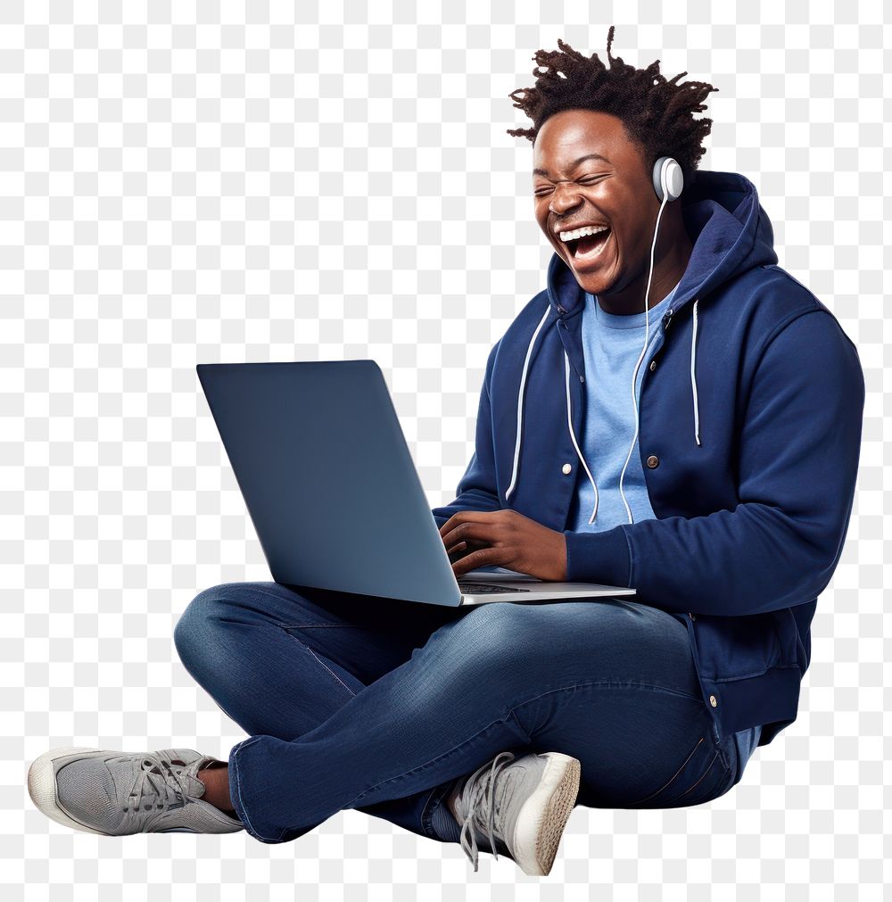 PNG Happy young IT chubby African man computer sitting laptop