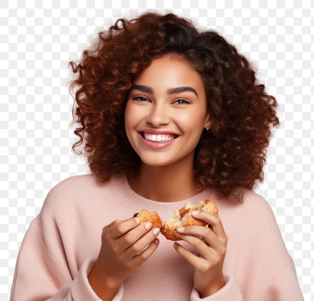 PNG Young woman eating pastry portrait biting adult. AI generated Image by rawpixel.