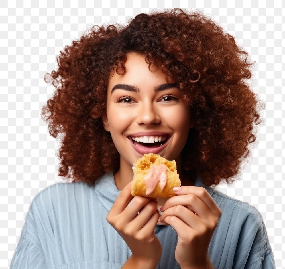 PNG Young woman eating pastry portrait biting adult. AI generated Image by rawpixel.