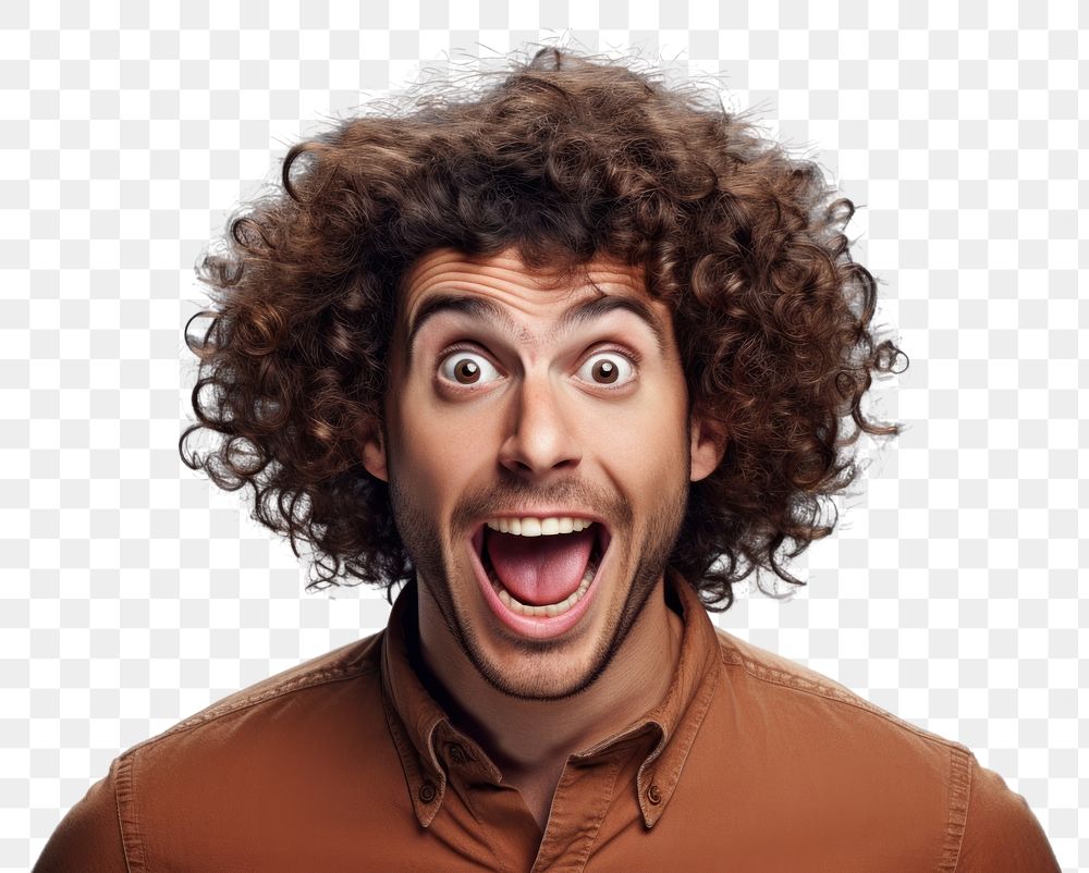 PNG Excited curly haired man portrait adult photo. AI generated Image by rawpixel.