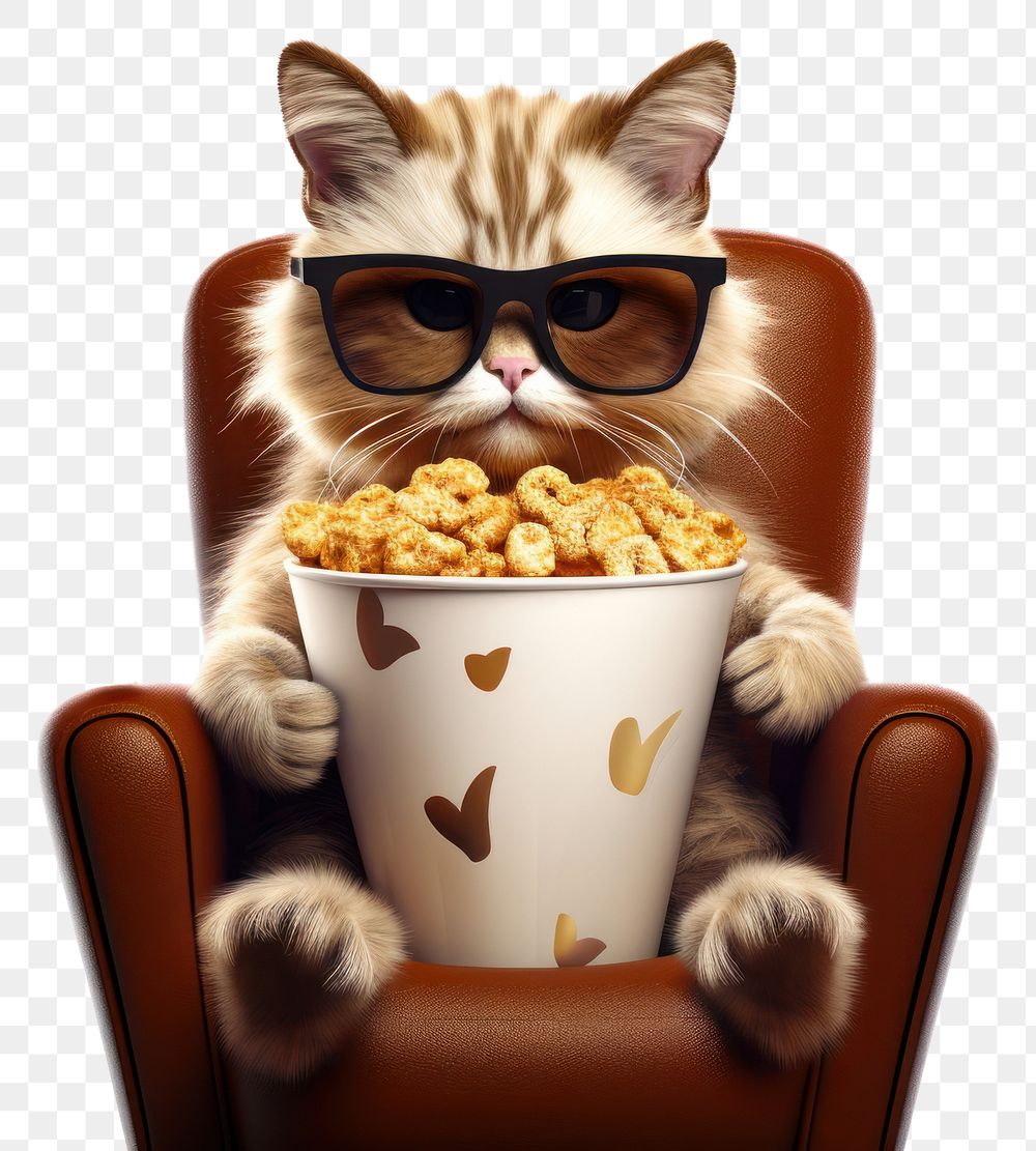 PNG Cat wear sunglasses chair popcorn cartoon. 