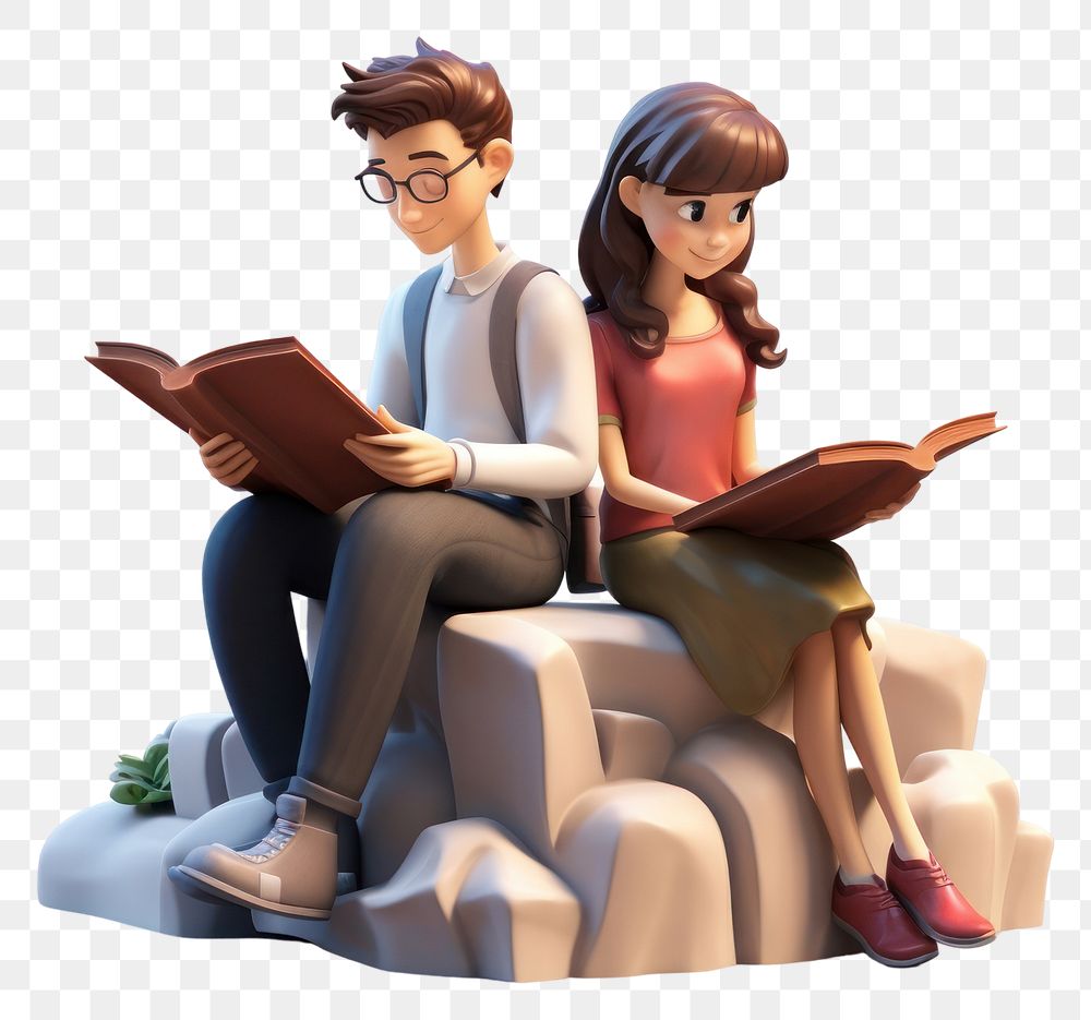PNG  Couple teenage reading books publication cartoon adult. AI generated Image by rawpixel.