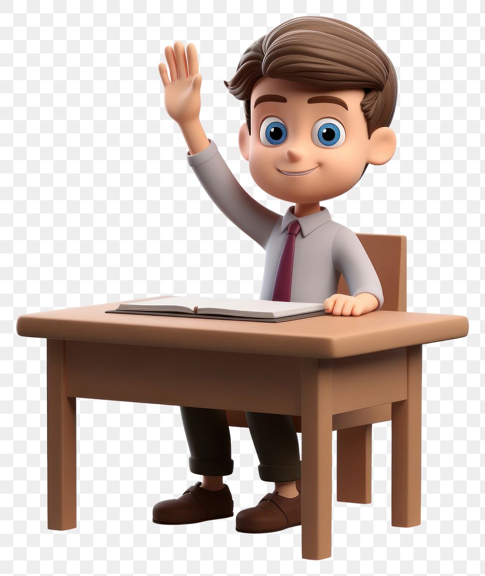 PNG  School kid raising hand desk sitting cartoon. AI generated Image by rawpixel.