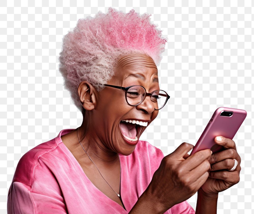PNG  Senior African American woman smiles telephone laughing adult. AI generated Image by rawpixel.