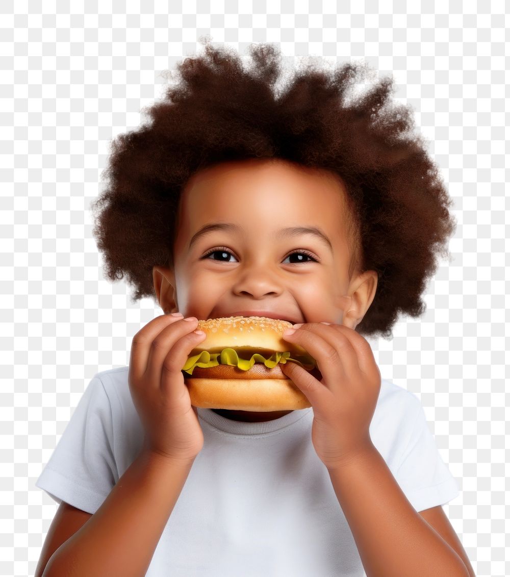 PNG Cute little african boy enjoy eating a hamburger have fun biting food cute. AI generated Image by rawpixel.