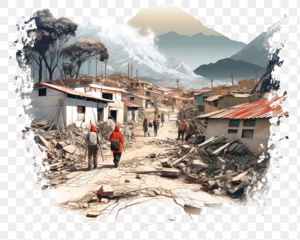 PNG Earthquake outdoors village drawing. AI generated Image by rawpixel.