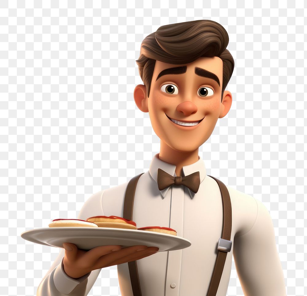 PNG Waiter holding serving tray portrait smiling cartoon. AI generated Image by rawpixel.