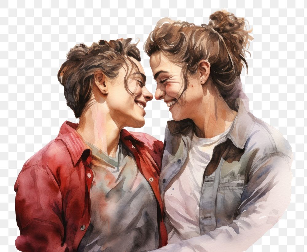 PNG Happy lesbian couple laughing portrait painting. 