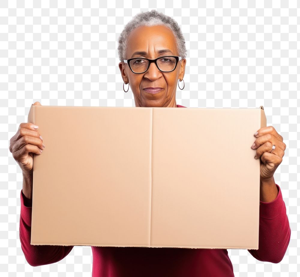 PNG Woman holding a cardboard sign portrait glasses adult. AI generated Image by rawpixel.