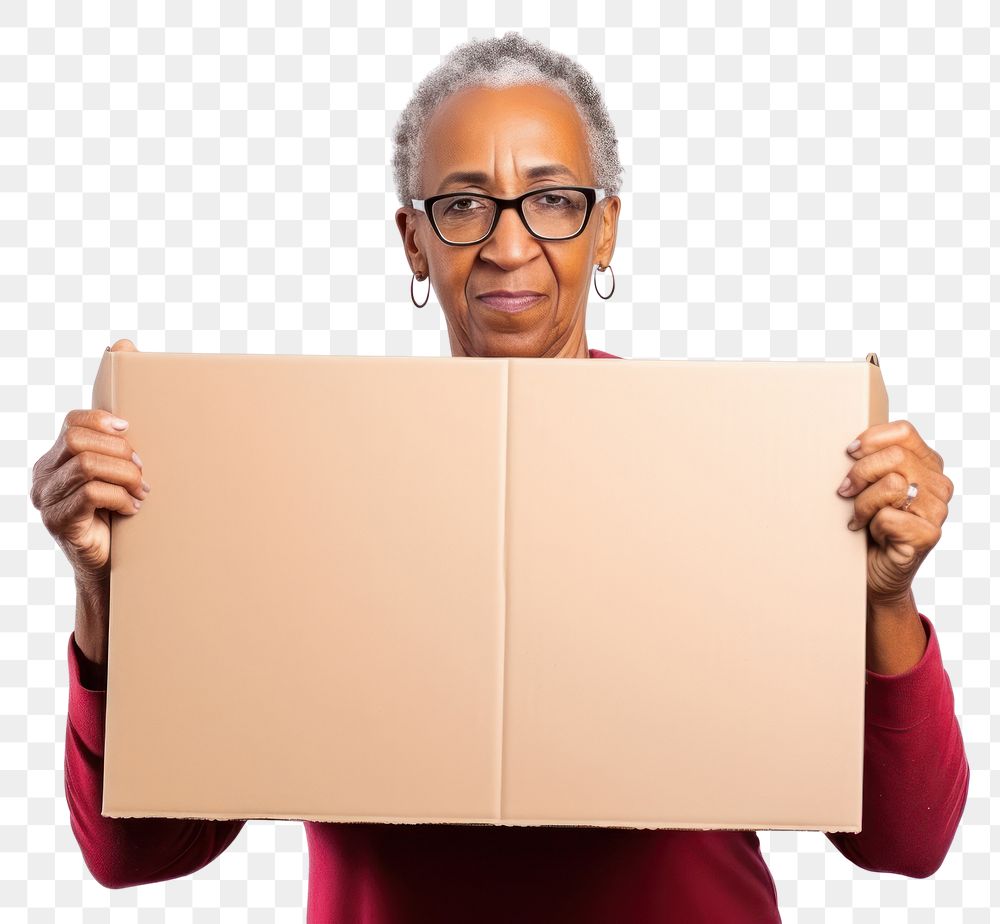 PNG Woman holding a cardboard sign portrait glasses adult. 