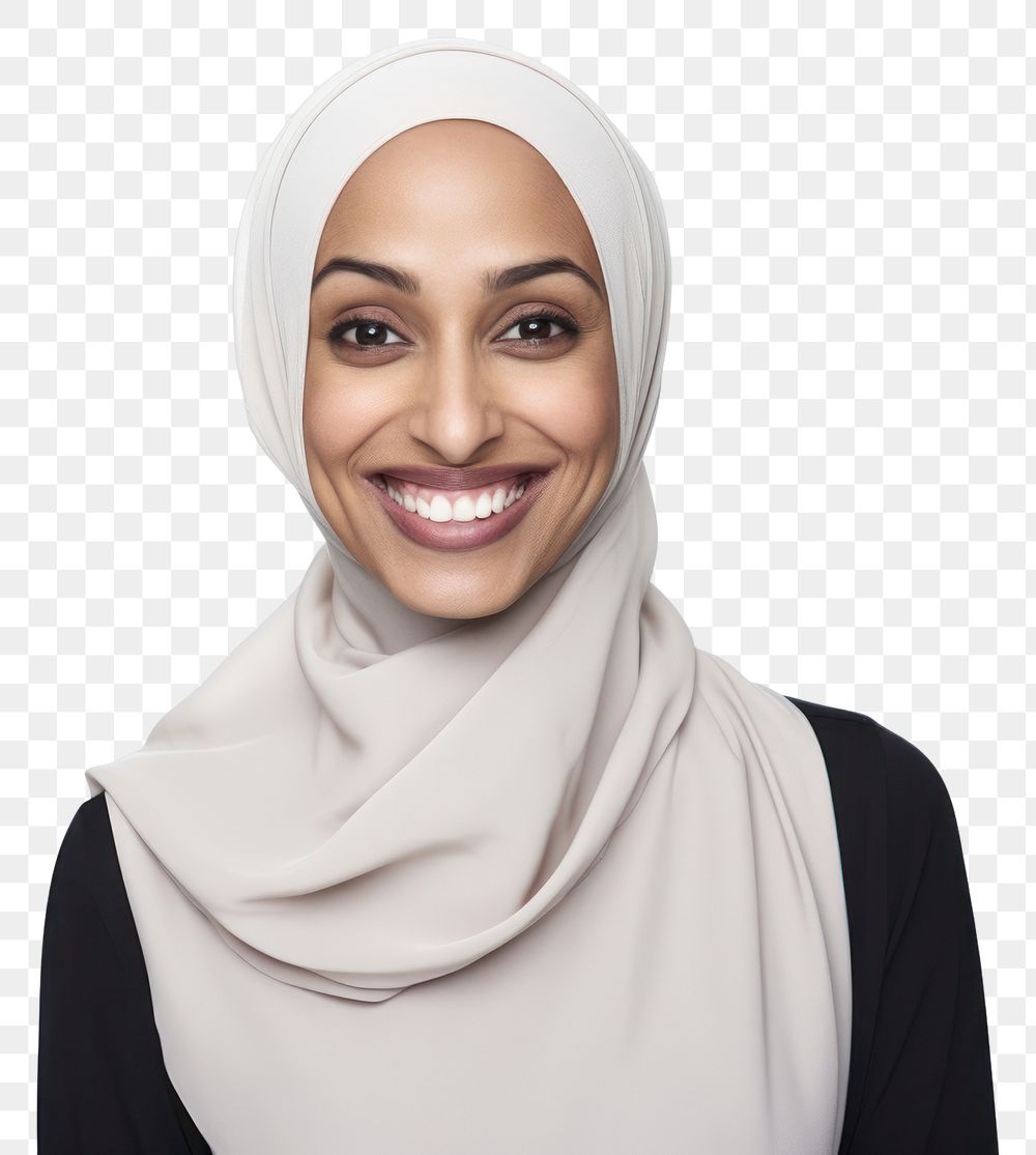 PNG Muslim mixed woman portrait smiling hijab. 