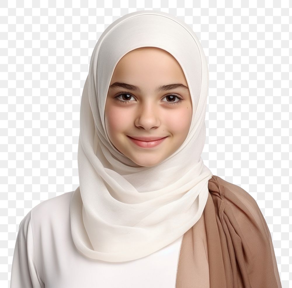 PNG Muslim young girl portrait scarf smile. AI generated Image by rawpixel.