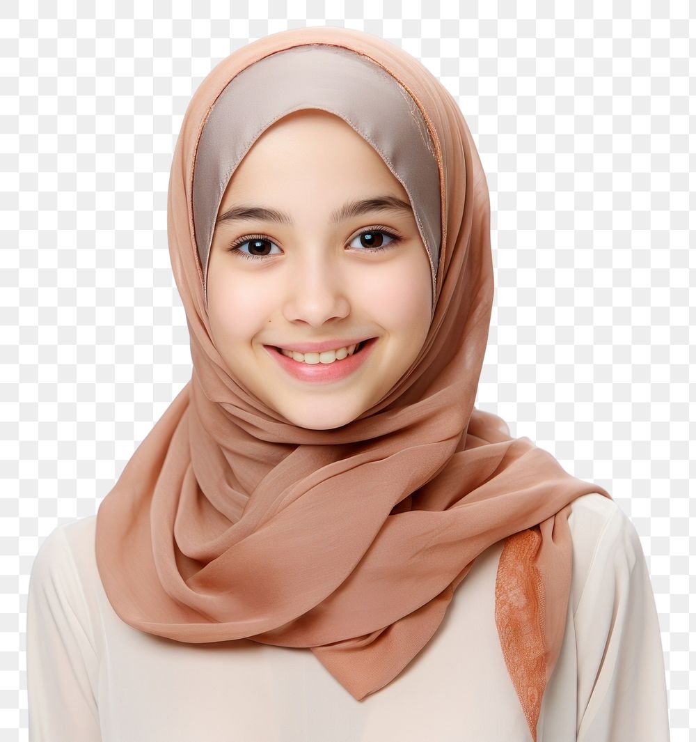 PNG Muslim young girl scarf smile white background. AI generated Image by rawpixel.