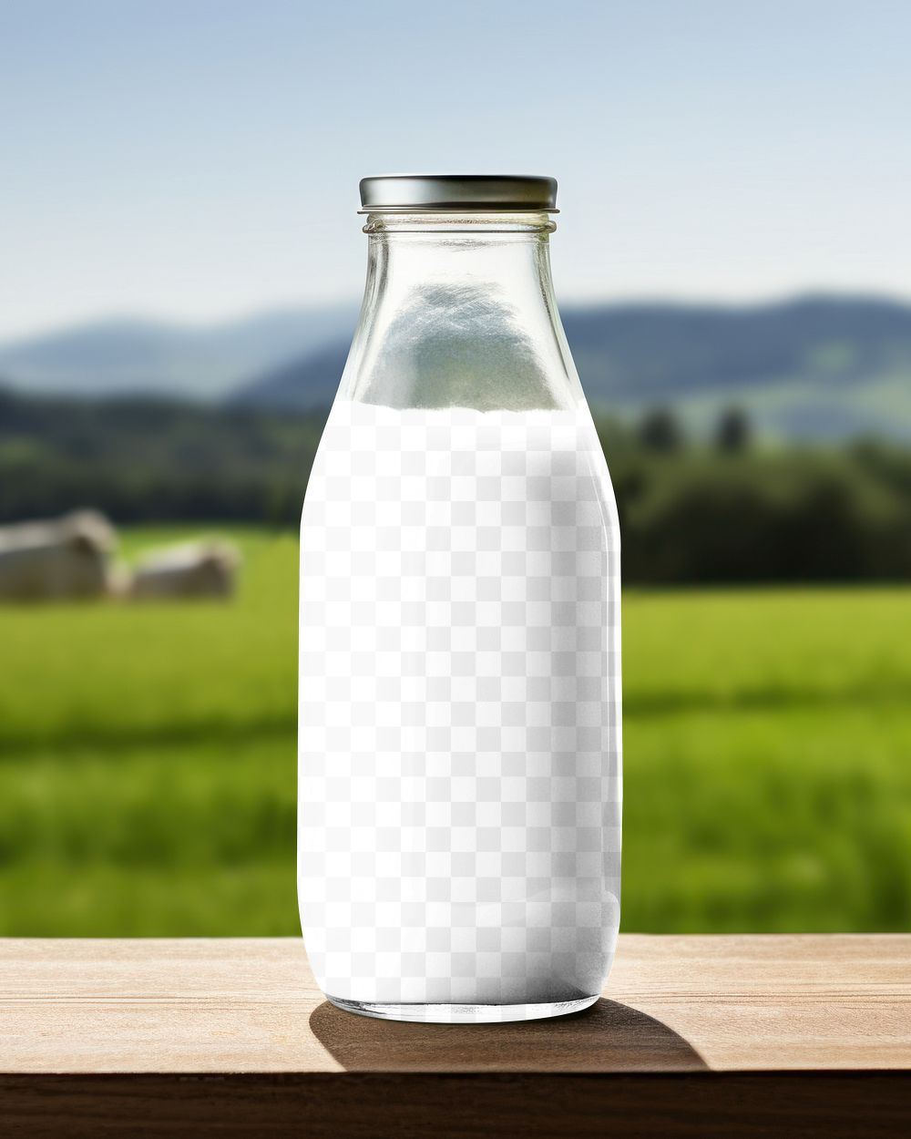 Glass milk bottle png mockup, transparent product packaging