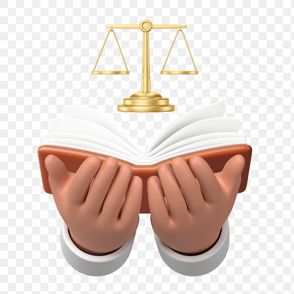 Scales of Justice png, 3D hands holding book, transparent background