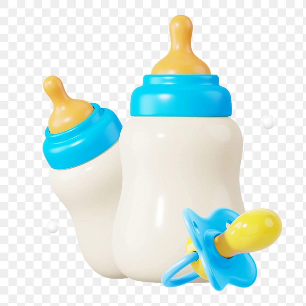 Baby bottle png pacifier, 3D illustration, transparent background