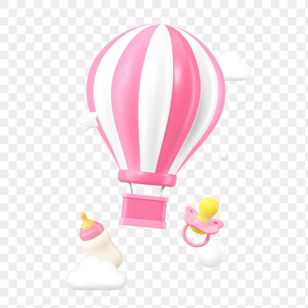 Pink png hot air balloon, baby's gender reveal 3D remix, transparent background