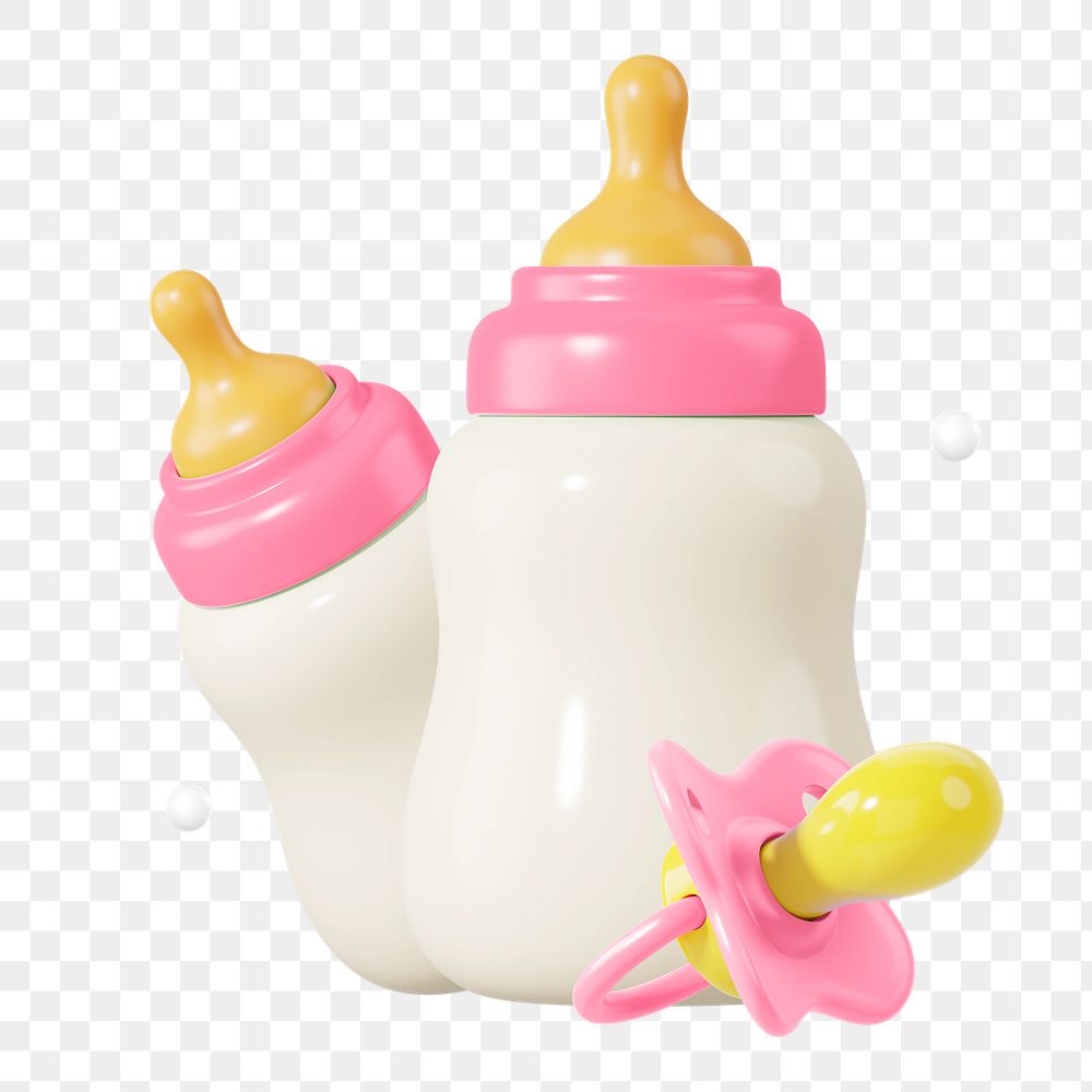 Baby bottle png pacifier, 3D illustration, transparent background