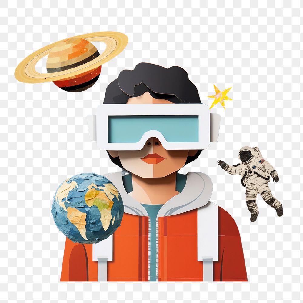 Person wearing VR png, galaxy aesthetic, creative paper craft collage, transparent background