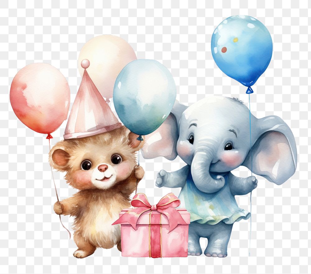 PNG Birthday bear & elephant, watercolor illustration, transparent background